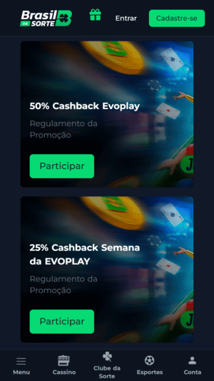 Ofertas de cashback disponíveis na Brasil da Sorte