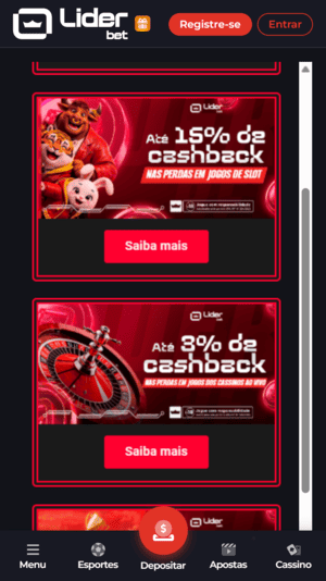 Cashback disponível na Lider Bet