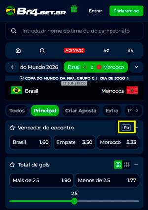 Seção de apostas na Copa do Mundo na Br4Bet com destaque para oferta de Pagamento Antecipado