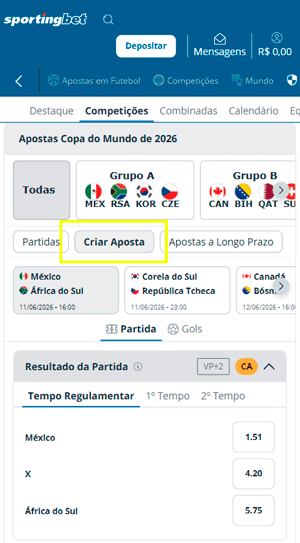 Interface de apostas na Copa da Sportingbet com destaque para o Criar Aposta