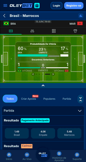 Painel de apostas da plataforma Oleybet com estatísticas da Copa do Mundo