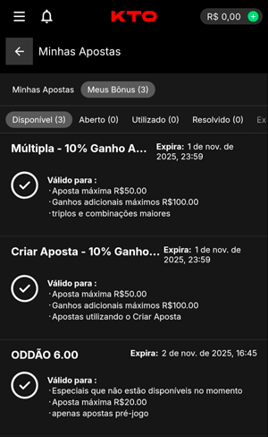 Seção de bônus da KTO que podem ser usados na Copa do Mundo