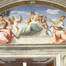 A Fortaleza (ou Coragem), a Prudência e a Temperança (da esquerda para a direita) em afresco de Rafael nos Museus Vaticanos. Imagem referente a matéria