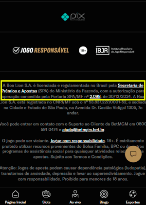 Rodapé da plataforma de BetMGM que exibe a portaria de autorização
