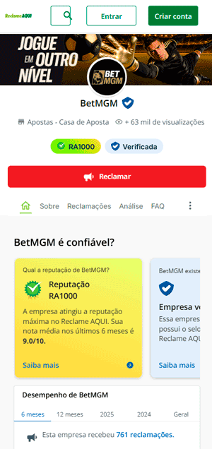 Captura de tela da BetMGM no Reclame Aqui mostra a nota e o status atual da reputação.