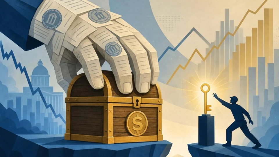 : Ilustração vetorial moderna mostrando uma mão burocrática fechando um baú de moedas enquanto um trabalhador busca uma chave, simbolizando a intervenção estatal no crédito.