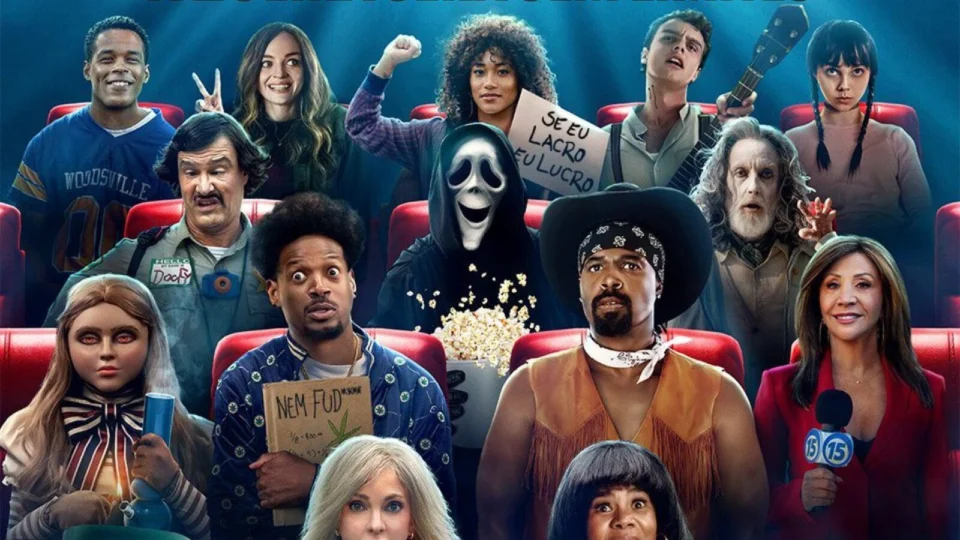 Detalhe do cartaz brasileiro de "Todo Mundo em Pânico 6": piada com o universo woke foi traduzida de forma errada.