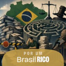 O emaranhado regulatório e a volatilidade institucional criam um ambiente hostil que afasta investidores e estagna a produtividade nacional Ilustração editorial simbolizando a burocracia no Brasil e a insegurança jurídica, com o mapa do país cercado por labirintos de concreto, pilhas de papéis e fuga de investimento