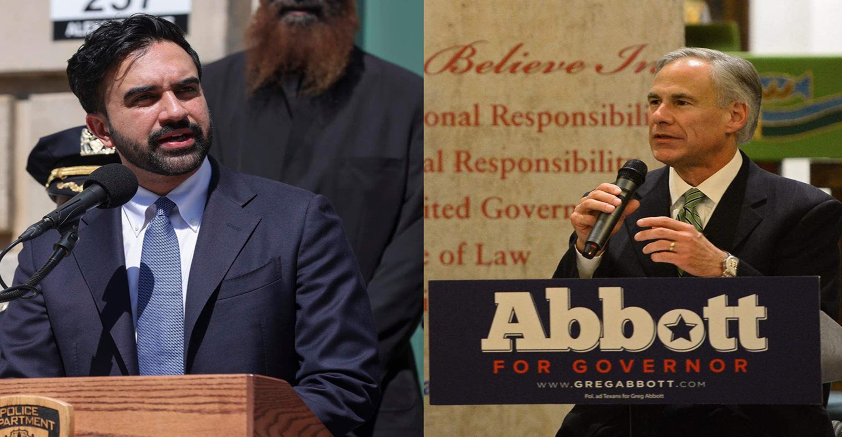O prefeito socialista de Nova York, Zohran Mamdani (à esquerda), e o governador do Texas, Greg Abbot (à direita).