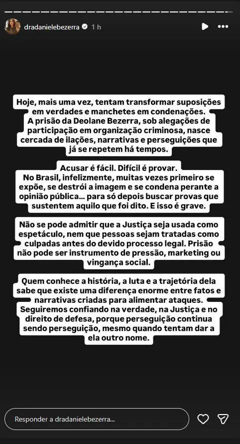 Daniele Bezerra também é advogada e influenciadora, com 2,9 milhões de seguidores no Instagram. 