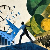 lustração em estilo gravura moderna com colagem de um relógio fragmentado e gráfico de barras descendente, simbolizando a tensão entre redução de jornada e produtividade econômica.
