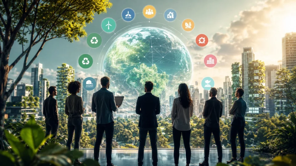 Uma imagem que traduz a convergência entre inovação, sustentabilidade e colaboração global: pessoas e tecnologia conectadas em torno de um futuro mais inteligente, responsável e integrado aos Objetivos de Desenvolvimento Sustentável.
