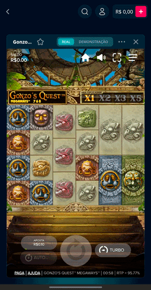 Interface do slot Gonzo’s Quest Megaways disponível na Novibet