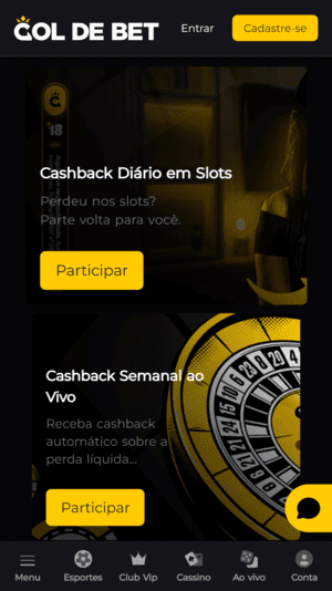 Promoções de cashback disponíveis na Gol de Bet