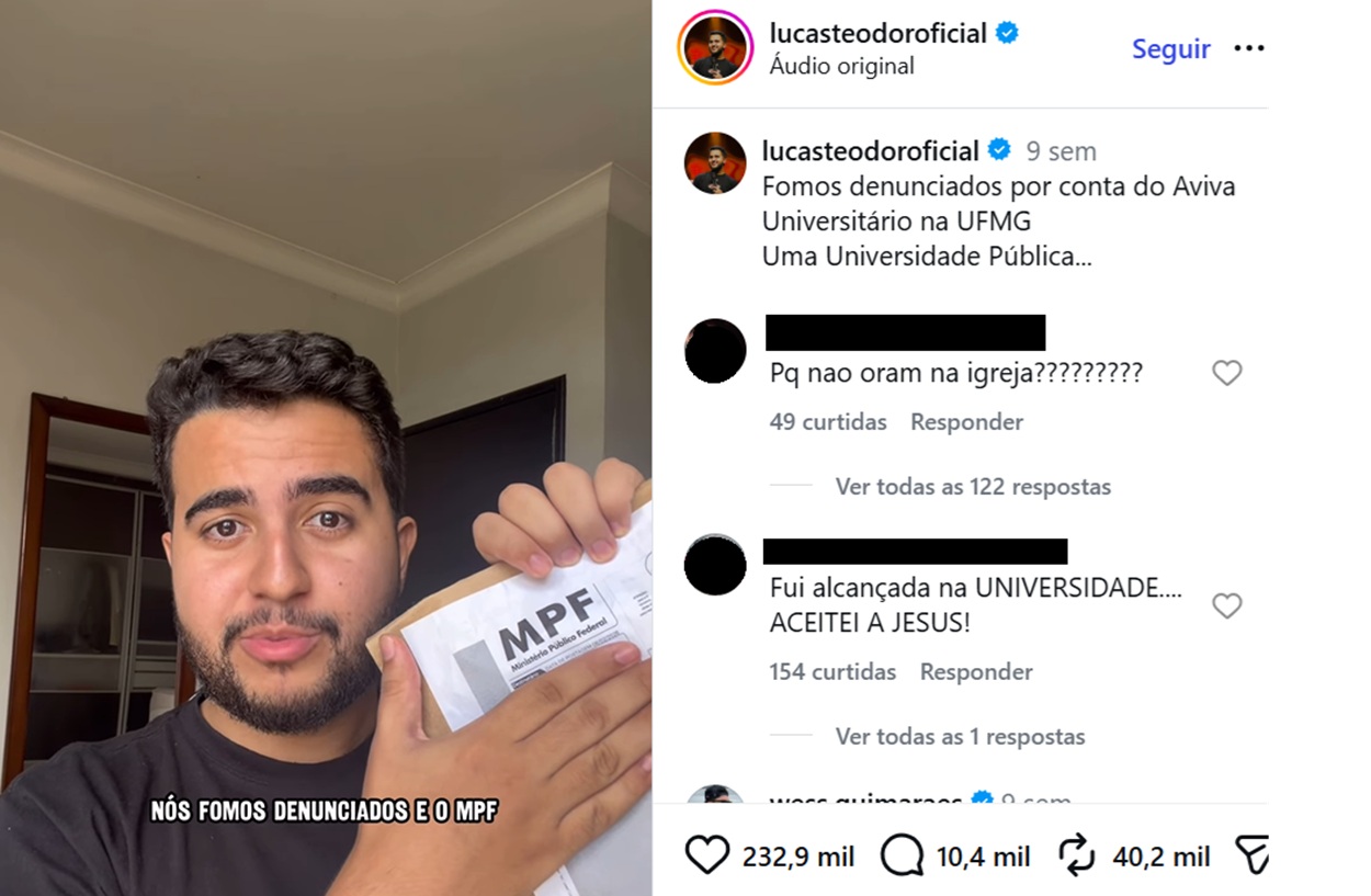 Lucas Teodoro, do movimento evangélico Aviva Universitário, teve de prestar esclarecimentos sobre um culto realizado na UFMG.
