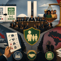 Ilustração editorial sobre a redução da jornada de trabalho para 40 horas e o fim da escala 6x1 no Brasil, destacando o impacto econômico
