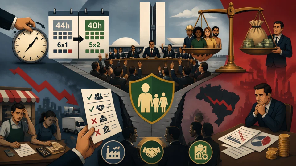 Ilustração editorial sobre a redução da jornada de trabalho para 40 horas e o fim da escala 6x1 no Brasil, destacando o impacto econômico