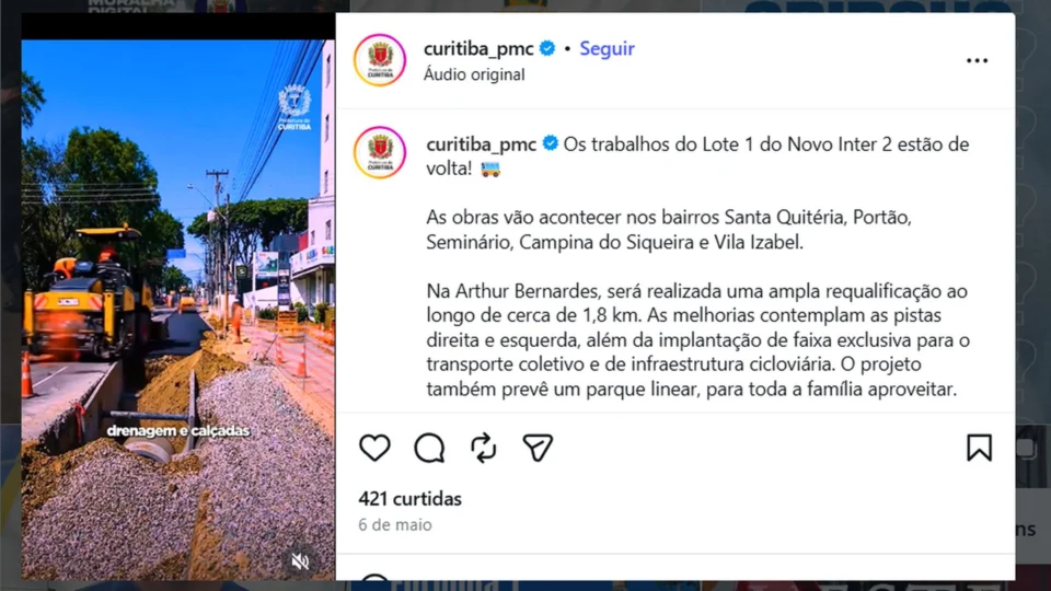 Redes sociais da Prefeitura de Curitiba ajudam a informar a população sobre obras, mudanças no trânsito e intervenções em diferentes regiões da cidade.