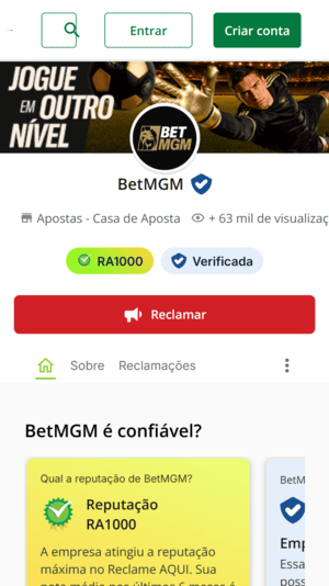 Captura de tela da BetMGM no Reclame Aqui mostra a nota e o status atual da reputação.