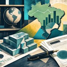 Ilustração em estilo gravura de uma mesa com gráficos econômicos, notas de dinheiro, caneta, papéis com carimbos, livros de economia e globo terrestre representando os gastos do kit reeleição