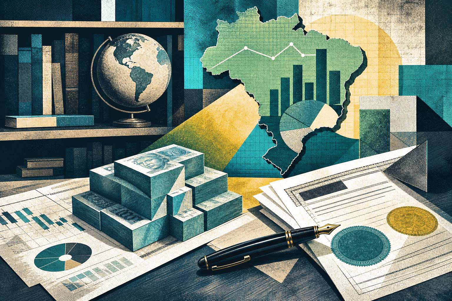 Ilustração em estilo gravura de uma mesa com gráficos econômicos, notas de dinheiro, caneta, papéis com carimbos, livros de economia e globo terrestre representando os gastos do kit reeleição