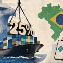 Censura, corrupção e mais: por que os EUA preparam nova tarifa contra o Brasil Colagem editorial representando a retaliação comercial dos EUA contra o Brasil, com navio cargueiro, águia americana e símbolo de tarifa de 25
