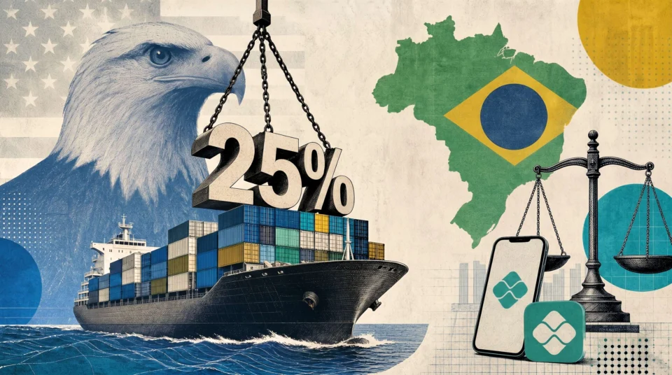 Colagem editorial representando a retaliação comercial dos EUA contra o Brasil, com navio cargueiro, águia americana e símbolo de tarifa de 25