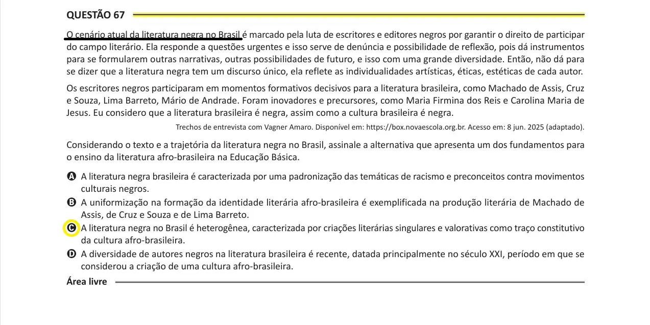 Questão da prova de Português sobre “literatura negra”.