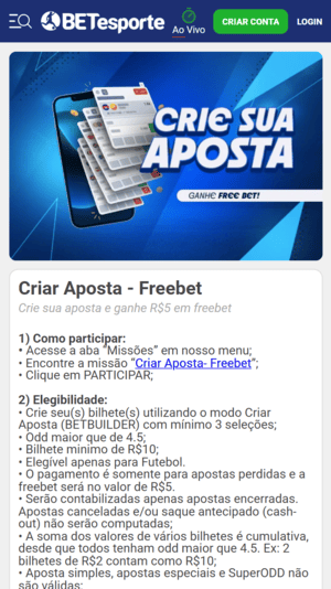 Página da oferta de freebet para quem utilizar o Bet Builder na BETesporte