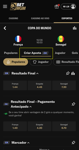 Página da ferramenta Criar Aposta em jogo da Copa do Mundo na BetMGM