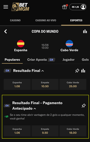 Jogo da Copa do Mundo da BetMGM com mercado de Resultado Final compatível com Pagamento Antecipado
