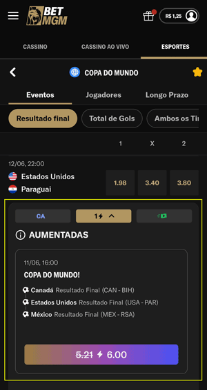 Painel de Odds aumentadas na Copa do Mundo na BetMGM que exibe palpite pré-montado