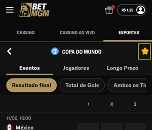 Botão de favoritar Copa do Mundo no app da BetMGM para receber notificações