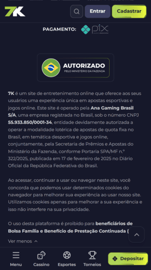 Rodapé da página inicial da Bet7k com sua licença de funcionamento
