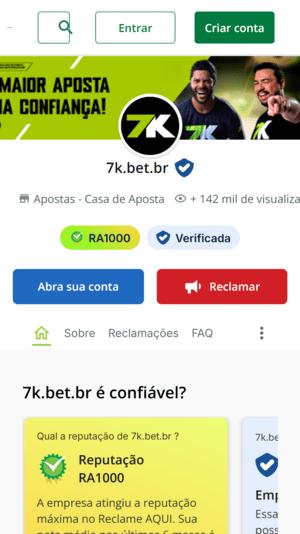 Captura de tela da Bet7k no Reclame Aqui mostra a nota e o status atual da reputação.
