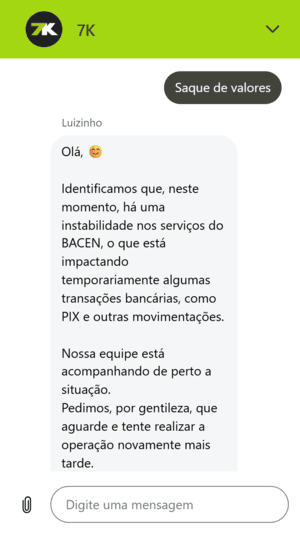 Resposta real no chat ao vivo da Bet7k
