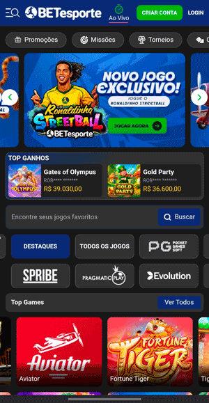 Interface inicial do cassino da BETesporte com filtros de desenvolvedores e top jogos