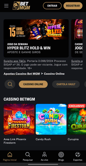 Interface do cassino da BetMGM, que exibe os jogos em alta no momento