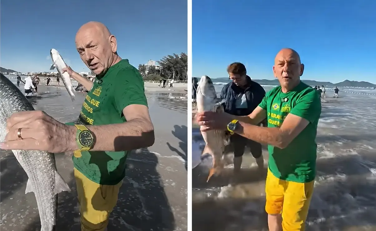 Vídeo mostra Luciano Hang participando do tradicional arrastão da tainha em Bombinhas, no litoral de Santa Catarina.