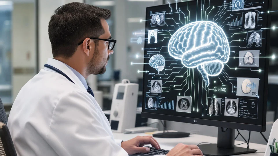 Ilustração representando um médico sendo auxiliado por Inteligência Artificial, que funciona como se fosse um "cérebro digital".