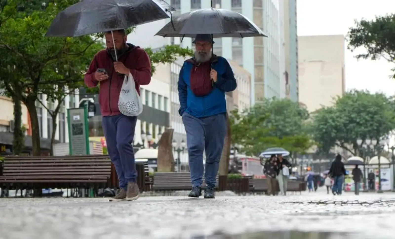 dois homens caminhando na chuva segurando guarda-chuvas