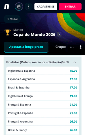 Interface da Novibet com odds para o mercado de “Finalistas” na Copa do Mundo