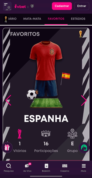 Seção de favoritos na Copa do Mundo na Vbet, que destaca a Espanha como principal cotada a finalista