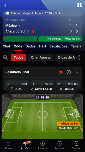 Simulação ao vivo do campo para a Copa na Superbet