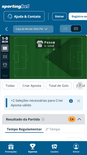 Lances mostrados em tempo real na Sportingbet