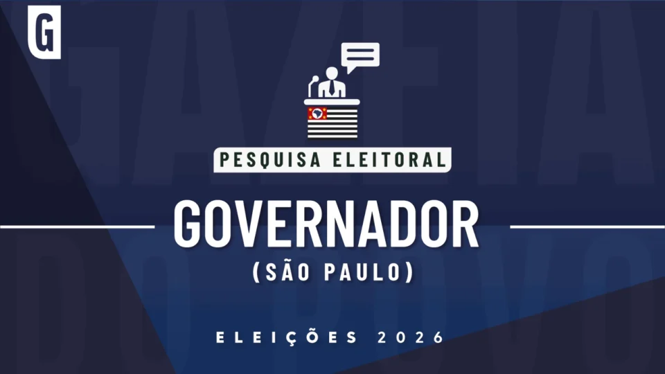 Arte com a bandeira de São Paulo e ícone de candidato em púlpito anuncia pesquisa eleitoral no estado para as eleições de 2026.