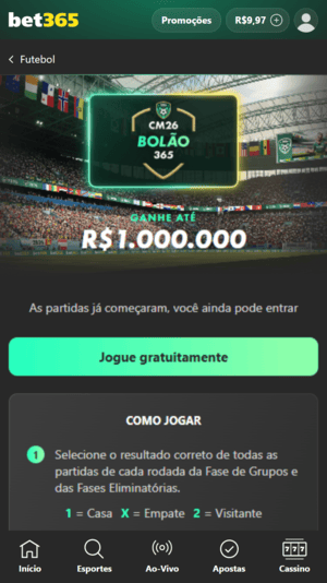 Oferta do bolão grátis disponível na bet365