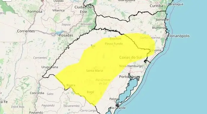Mapa do Inmet mostra as áreas com previsão de geada para a madrugada desta quarta-feira (17), com maior risco entre o Rio Grande do Sul e Santa Catarina.