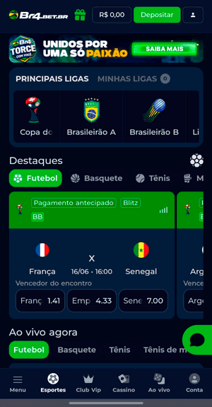 Página inicial com ofertas e mercados da BR4Bet 