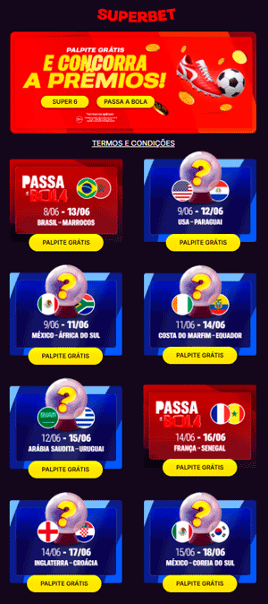 Interface do Calendário de Jogos Grátis da Superbet, que concede free bets no evento mais importante do dia
